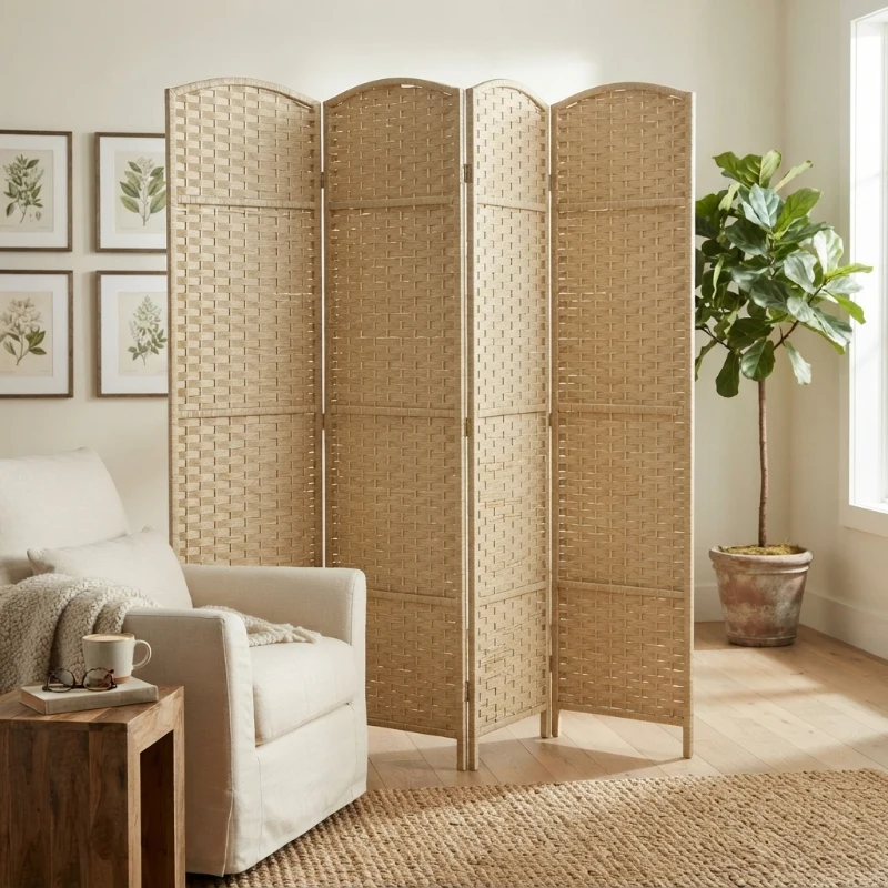 HOMCOM Folding Room Divider Screen 4 Panel 5.6 ' Tall Privacy Screen Freestanding Room Partition for Home Office, Beige