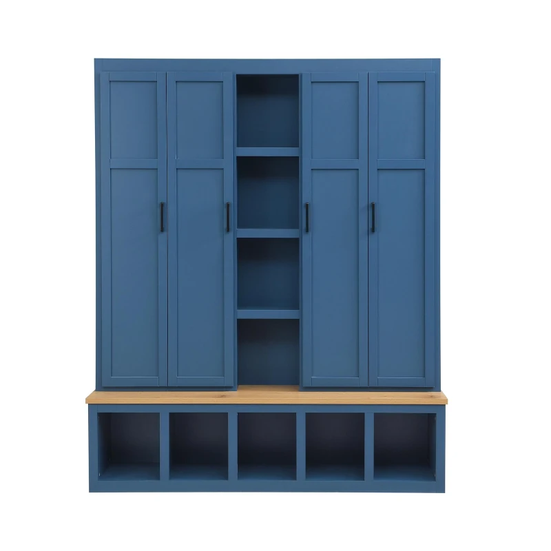 Rustic 4-in-1 Hall Tree Coat Rack with 4 Cabinets and 6 Sturdy Hooks, Shoe Storage Bench Unit for Mudroom, 63'' L x 15.5'' W x 76.5'' H, Blue