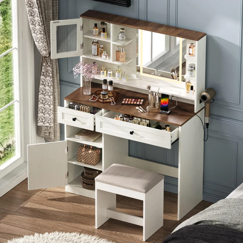 Farmhouse Makeup Vanity with LED Mirror and Outlet, Chic Dressing Table with Drawers and Stool, 37.5'' L x 15.5" W x 56" H, White+Walnut