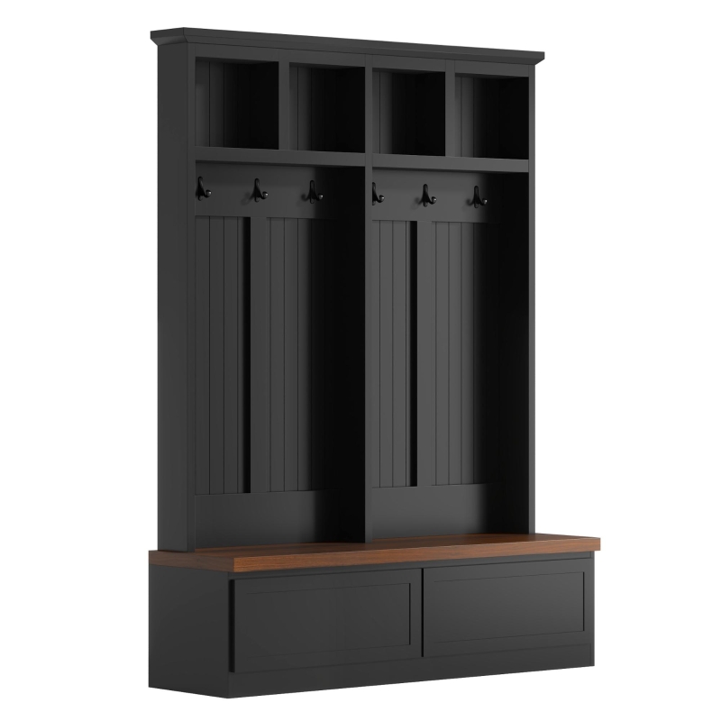 Rustic Farmhouse 4-in-1 Hall Tree Coat Rack with 2 Large Drawers, Shoe Storage Bench Unit with 6 Hooks, 53'' L x 15'' W x 75.5'' H, Black