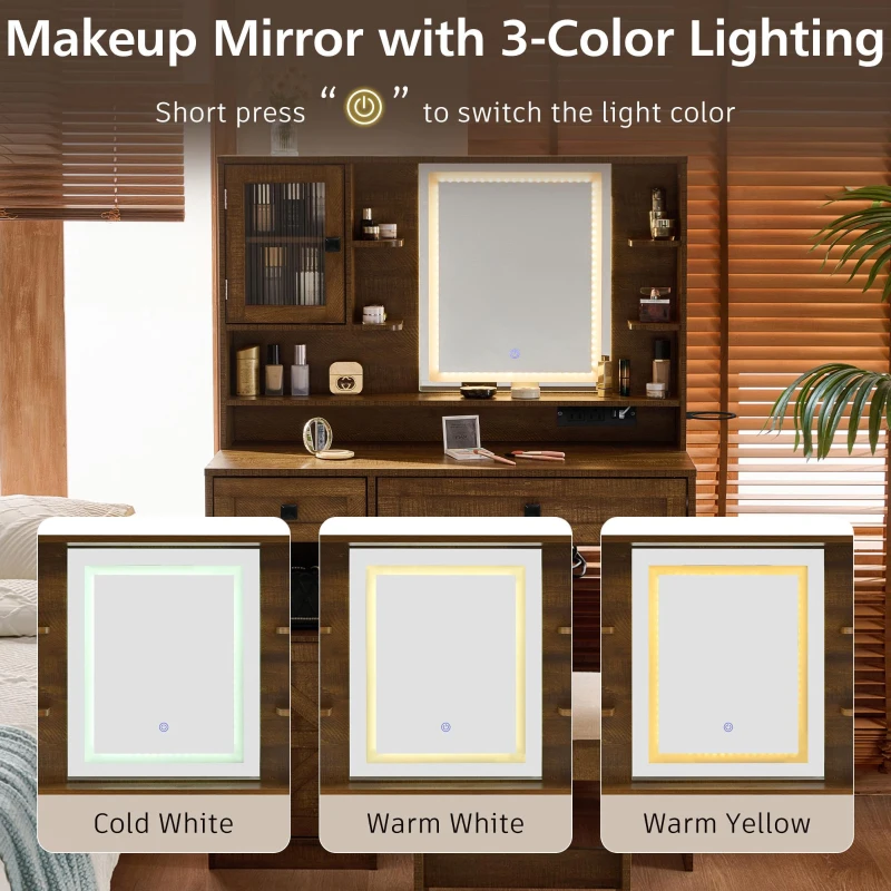 Farmhouse Makeup Vanity with LED Mirror and Outlet, Chic Dressing Table with Drawers and Padded Stool, 37.5'' L x 15.5" W x 56" H, Rustic Brown