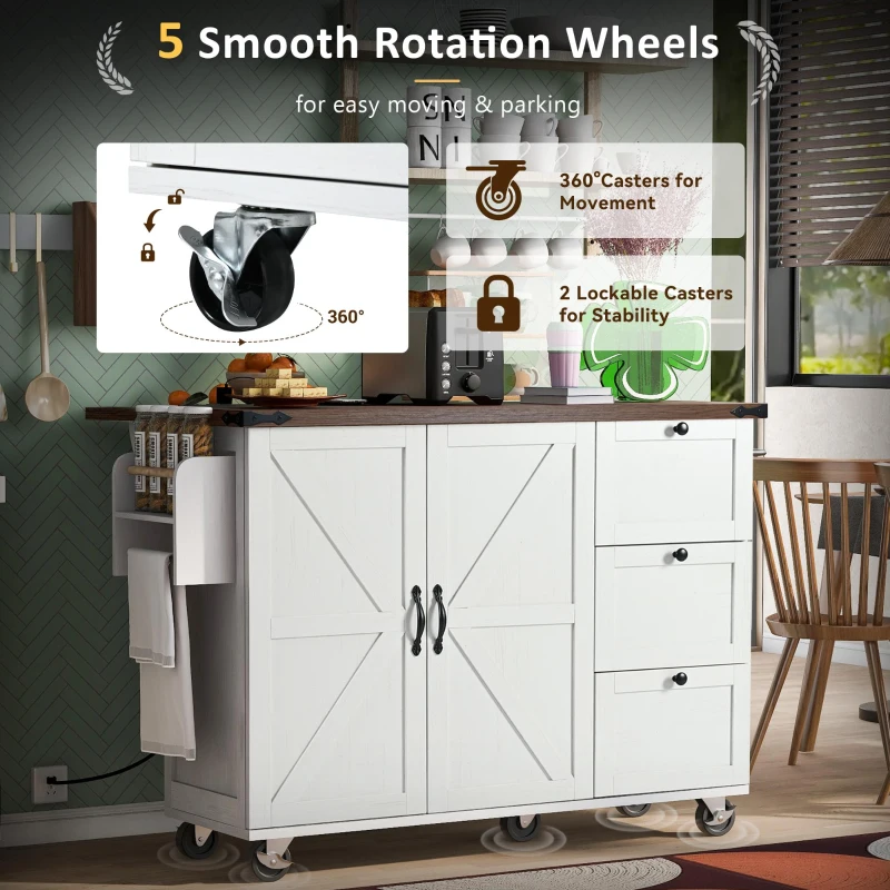 Farmhouse Kitchen Island with Power Outlet and Drop Leaf, Versatile Rolling Cart with Spice Rack and Storage, 54.5'' L x 28.5" W x 36.5" H, White