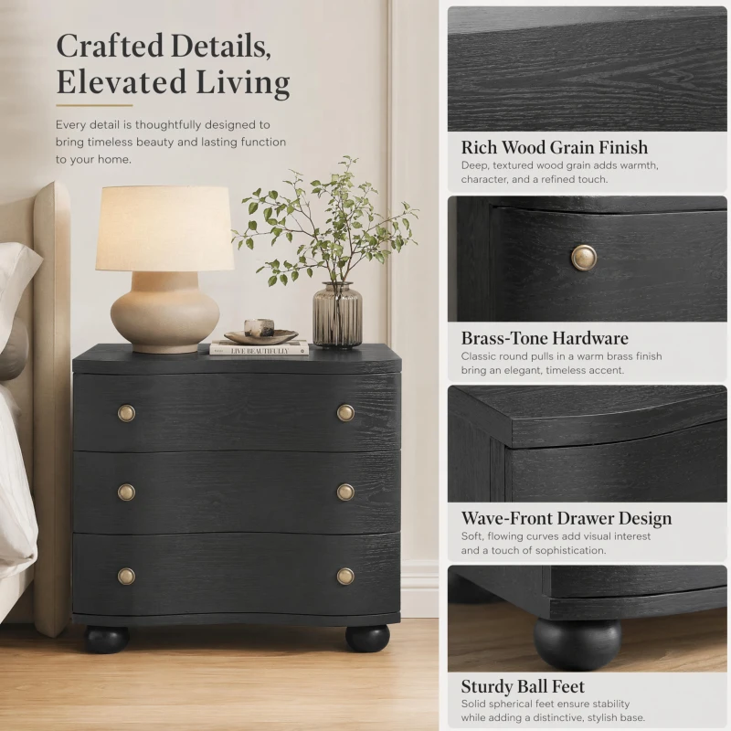 Retro Modern Nightstand with 3 Wave Drawers, Wooden Bedside Storage Table with Bulbous Feet, 23.5'' L x 15.5'' W x 22.5'' H, Black