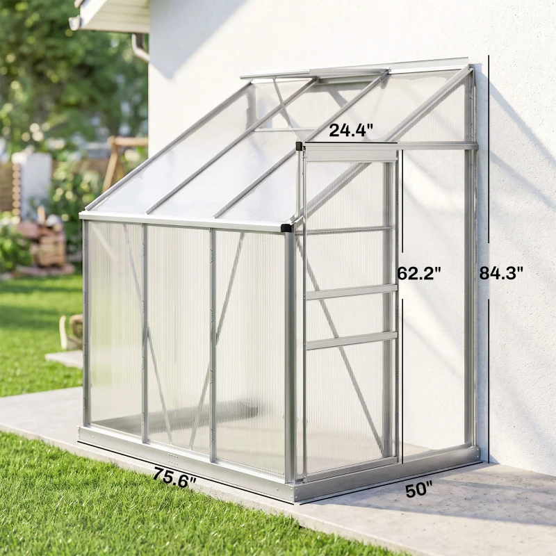 Outsunny 6' x 4' Aluminum Lean-to Greenhouse Polycarbonate Walk-in Garden Greenhouse with Adjustable Roof Vent, Rain Gutter and Sliding Door for Winter, Clear