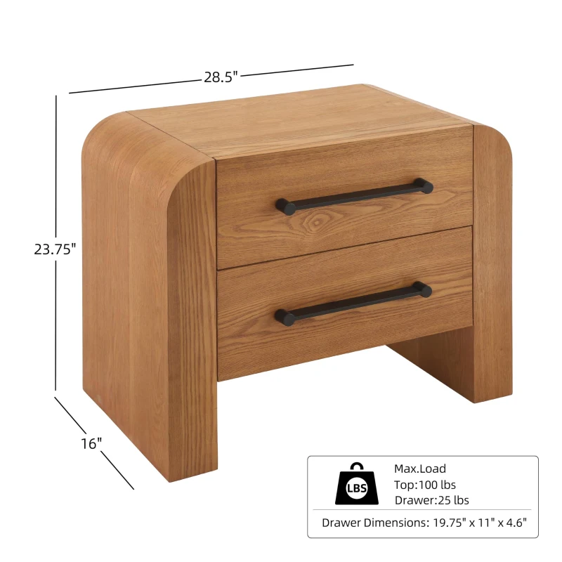 Minimalist Modern Nightstand with Black Metal Handles, Wooden Bedside Storage Table for Bedroom, 28.5'' L x 15.5'' W x 23.5'' H, Brown
