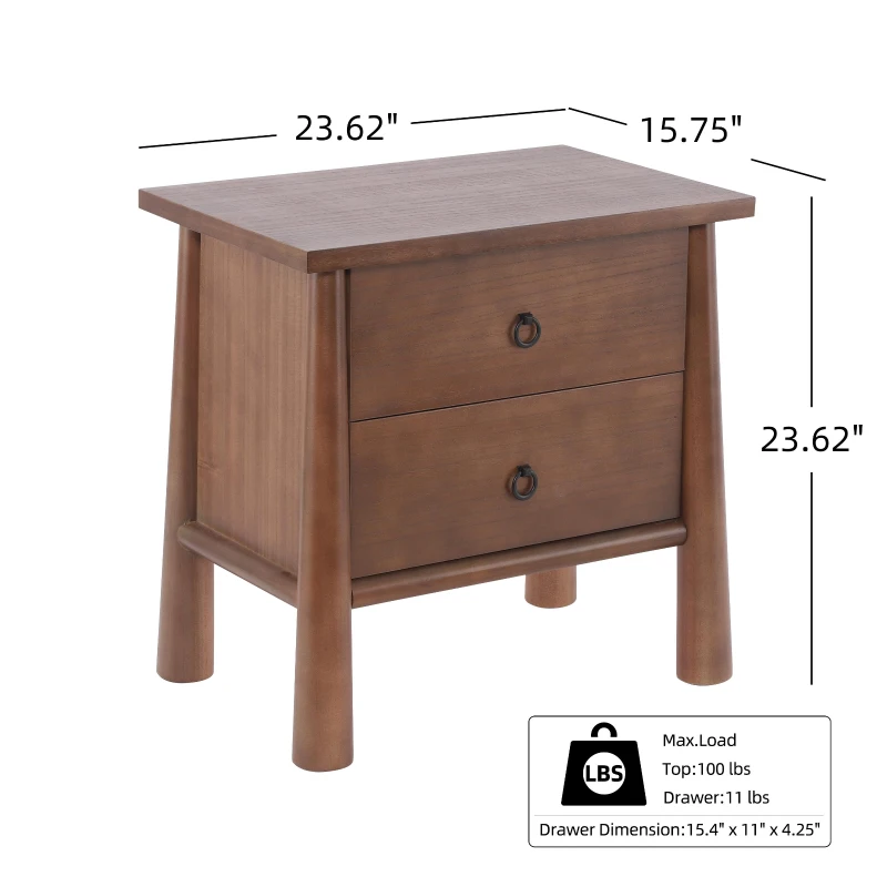 Modern Nightstand with 2 smooth-gliding drawers, Wooden Bedside Storage Table with Signature Rounded Legs, 23.5'' L x 15.5'' W x 23.5'' H, Brown