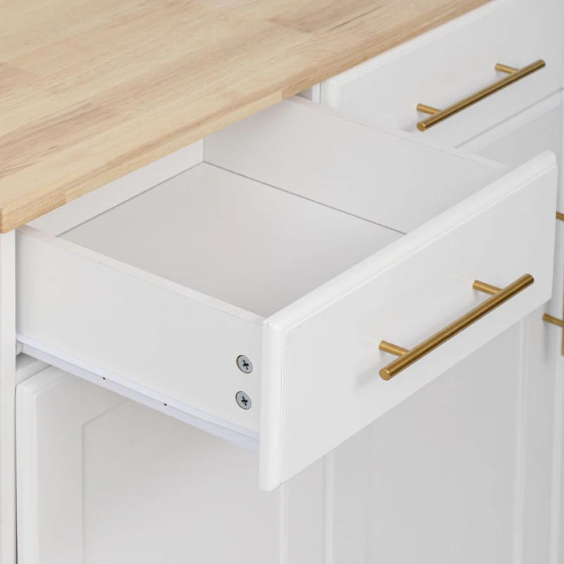 Vintage Kitchen Island with Trash Storage and Organizers, Versatile Rolling Cart with Power Outlet and Spice Rack, 59'' L x 29.5" W x 35.5" H, White
