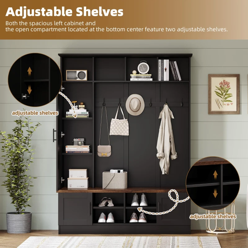 Rustic Farmhouse Hall Tree Coat Rack with Shoe Storage Bench, Heavy-Duty Storage Cabinet Unit with 6 Metal Hooks, 55'' L x 15.5'' W x 73'' H, Black