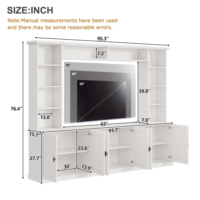 Rustic Farmhouse Entertainment Centre with 7 Adjustable Shelves, Modern TV Wall Unit with Panelled Doors, 95.5'' L x 15.5'' W x 76.5'' H, White