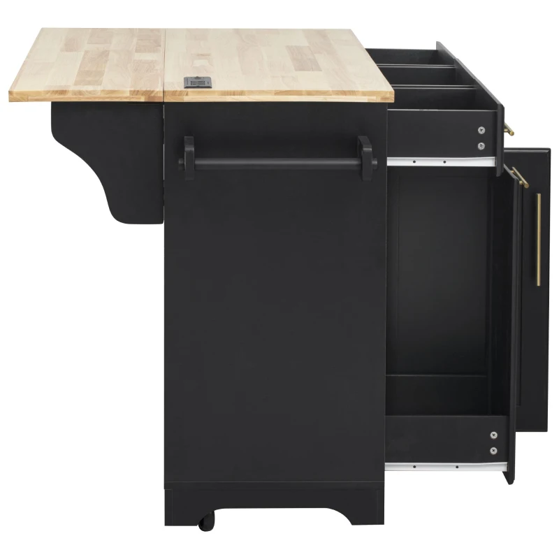 Vintage Kitchen Island with Trash Storage and Organizers, Versatile Rolling Cart with Power Outlet and Spice Rack, 59'' L x 29.5" W x 35.5" H, Black