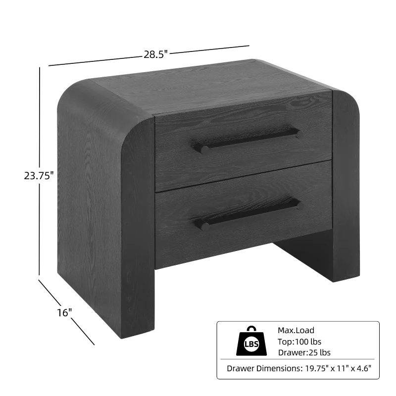 Minimalist Modern Nightstand with Black Metal Handles, Wooden Bedside Storage Table for Bedroom, 28.5'' L x 15.5'' W x 23.5'' H, Black