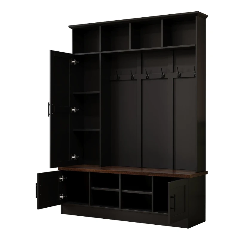 Rustic Farmhouse Hall Tree Coat Rack with Shoe Storage Bench, Heavy-Duty Storage Cabinet Unit with 6 Metal Hooks, 55'' L x 15.5'' W x 73'' H, Black