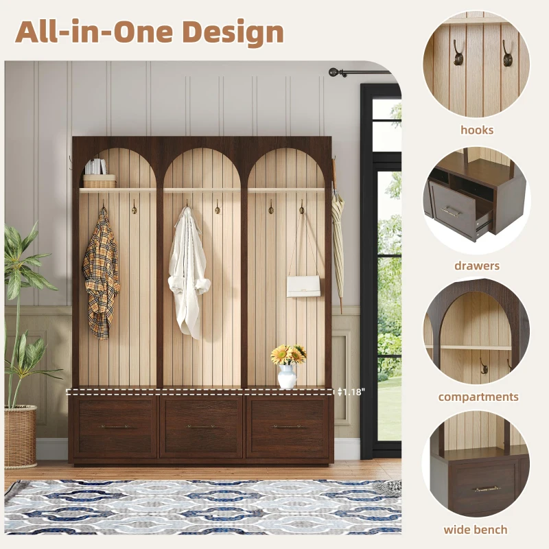 Farmhouse Hall Tree Coat Rack with 3 Arches and 8 Retro Hooks, Shoe Storage Bench Unit with 3 Drawers, 59'' L x 15.5'' W x 75'' H, Dark Walnut