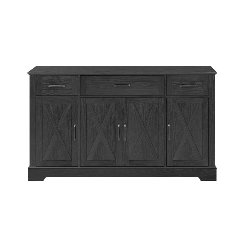 Farmhouse Buffet Cabinet with Metal Hardware and Wood Grain, Sturdy Sideboard for Kitchen and Dining Room, 55'' L x 15.5" W x 32" H, Ash Black