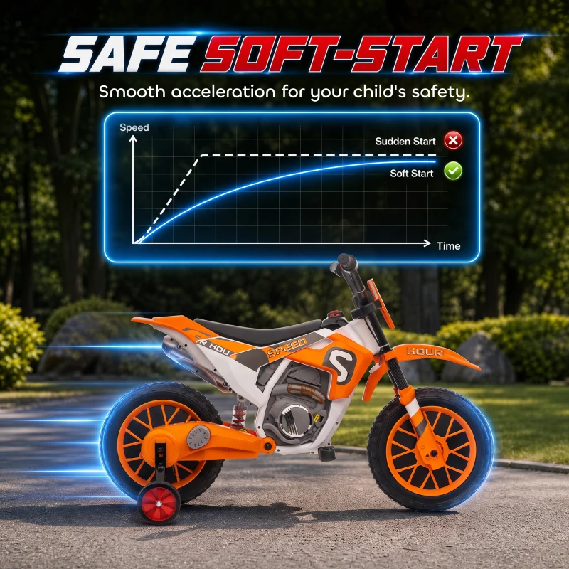 Aosom 12V Kids Motorcycle with Dual Motors, Training Wheels, Rear Suspension, Soft Start, Max Speed 5 MPH, Ages 3-6, Orange