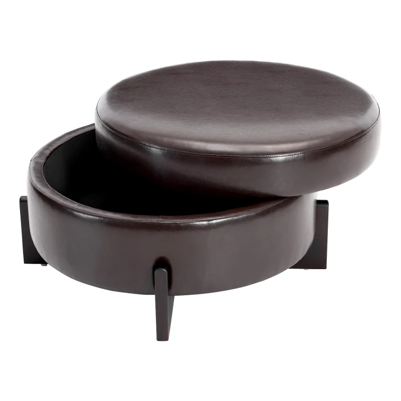 Stylish Round Storage Ottoman with Leather Upholstery, Versatile Coffee Table for Living Room and Bedroom, 32'' L x 32" W x 17.5" H, Dark Brown