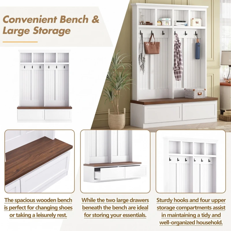 Rustic Farmhouse 4-in-1 Hall Tree Coat Rack with 2 Large Drawers, Shoe Storage Bench Unit with 6 Hooks, 53'' L x 15'' W x 75.5'' H, White
