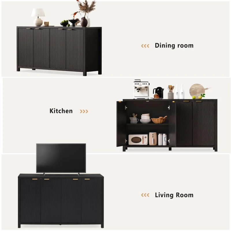 Elegant Fluted Buffet Cabinet with Sculpted Doors, Farmhouse Storage Sideboard for Kitchen Dining Living Room, 55" L × 15.5" W × 33" H, Black
