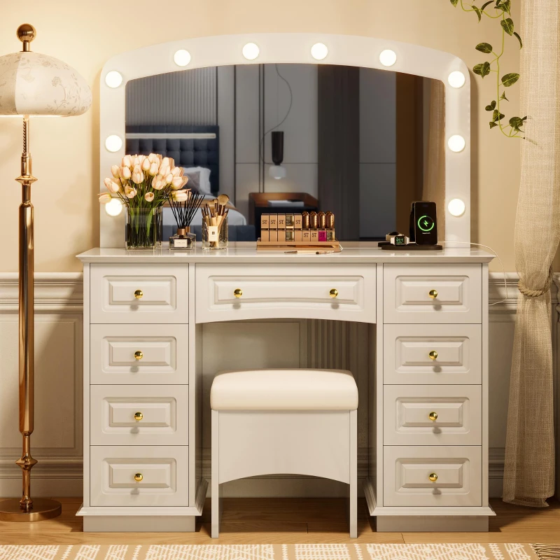 Luxurious Dressing Vanity Desk with 10 Hollywood Bulbs, Modern Makeup Table Set with 9 Storage Drawers, 44'' L x 15.5'' W x 53.5'' H, White