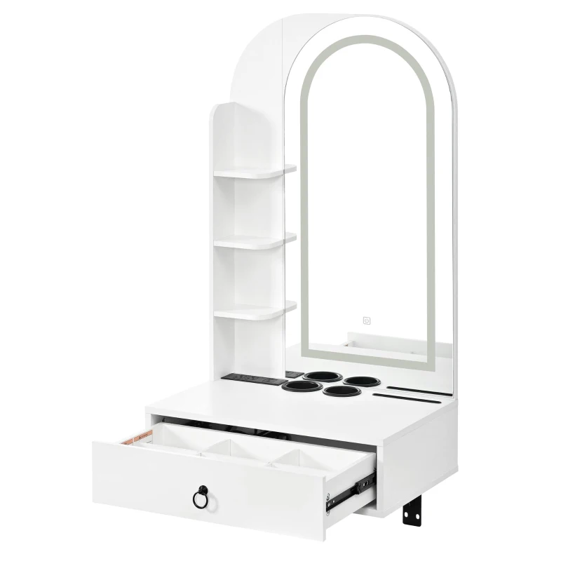 Modern Floating Makeup Vanity with Arched Mirror, Outlet and 3-Color Lights, Versatile Wall Vanity for Bedrooms, 23'' L x 15.5" W x 48" H, White
