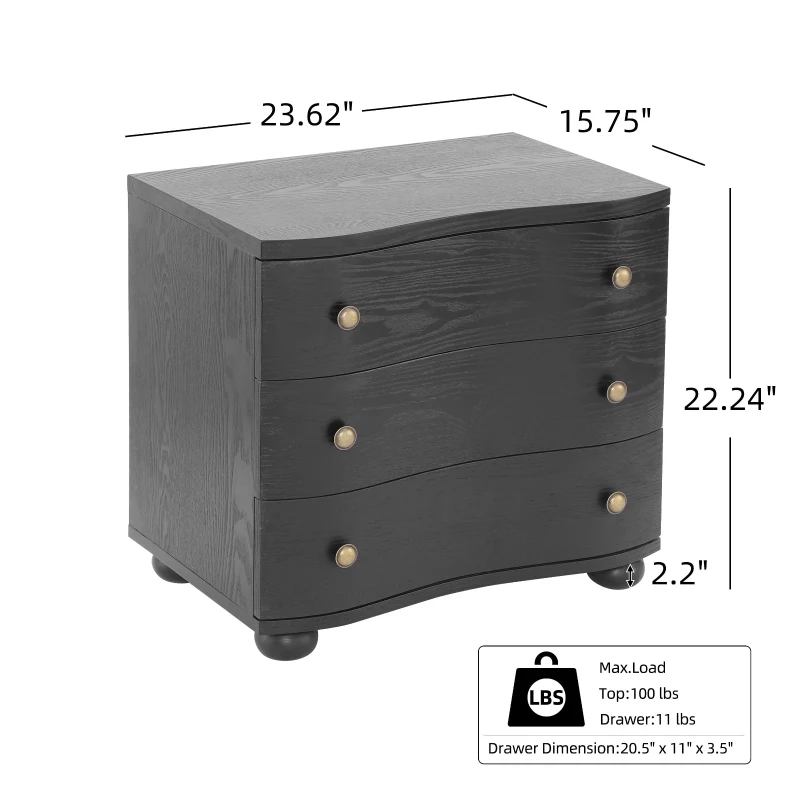 Retro Modern Nightstand Set of 2 with 3 Wave Drawers, Wooden Bedside Storage Tables with Bulbous Feet, 23.5'' L x 15.5'' W x 22.5'' H, Black