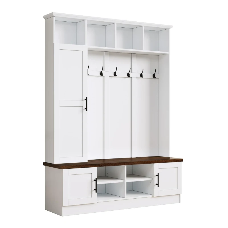 Rustic Farmhouse Hall Tree Coat Rack with Shoe Storage Bench, Heavy-Duty Storage Cabinet Unit with 6 Metal Hooks, 55'' L x 15.5'' W x 73'' H, White