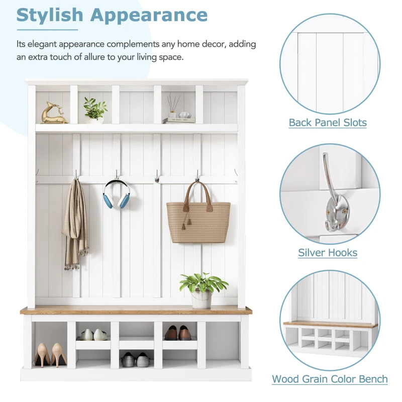 Farmhouse Hall Tree Coat Rack with 13 Compartments, Shoe Storage Bench Unit with Wide Storage Seating Bench, 59'' L x 18'' W x 79'' H, White