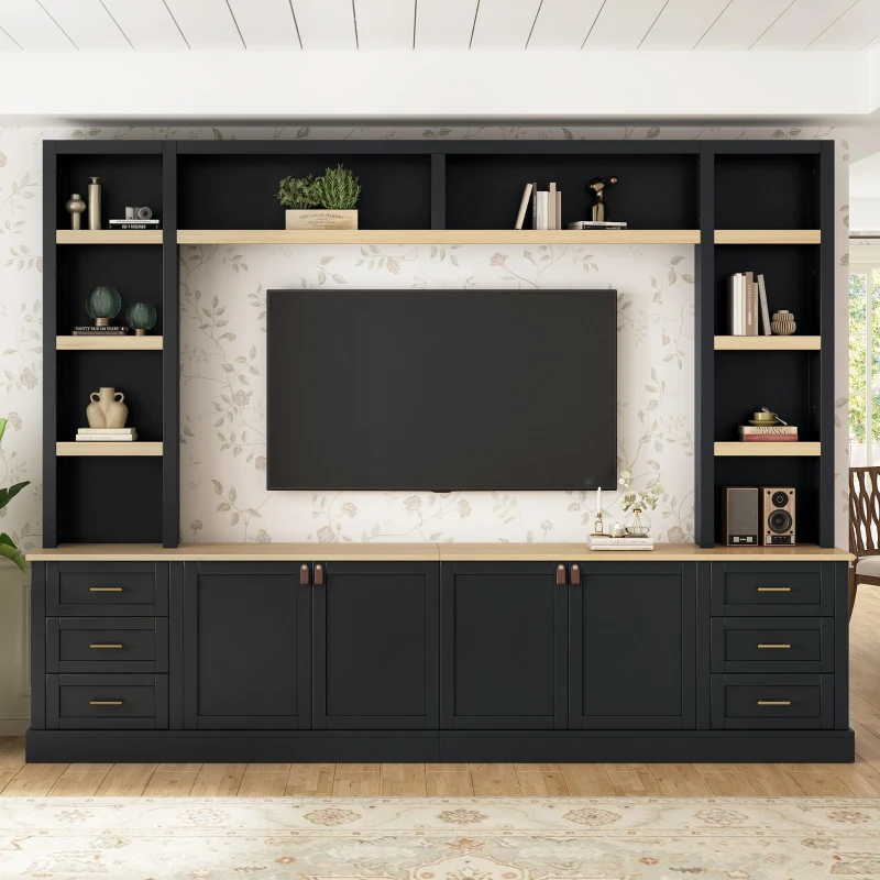 Rustic Farmhouse Entertainment Centre with 6 Storage Drawers, Modern TV Wall Unit with Adjustable Shelves, 98.5'' L x 15.5'' W x 79.5'' H, Black
