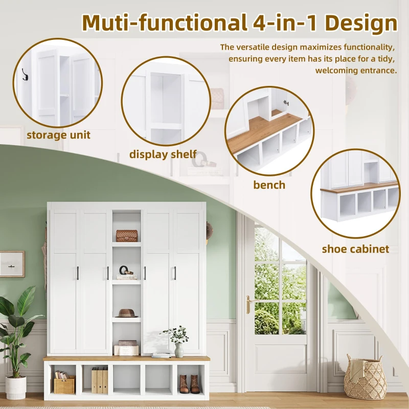 Rustic 4-in-1 Hall Tree Coat Rack with 4 Cabinets and 6 Sturdy Hooks, Shoe Storage Bench Unit for Mudroom, 63'' L x 15.5'' W x 76.5'' H, White