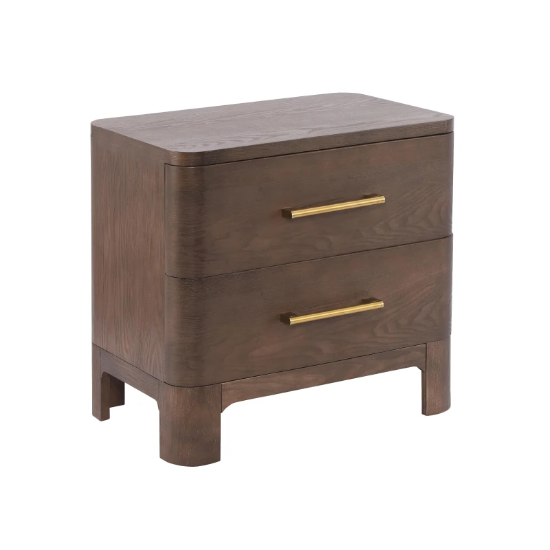 Chic Nightstand with 2 Drawers, Rounded Corners and Gold Handles, Versatile Storage Cabinet for Bedroom, 23.5'' L x 15.5" W x 22.5" H, Brown Oak