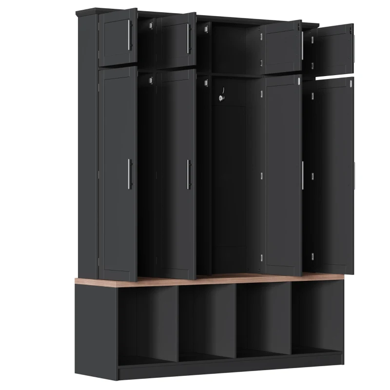 Rustic Farmhouse Hall Tree with 8 Storage Doors, Heavy-Duty Shoe Storage Bench Unit with 4 Bottom Compartments, 59'' L x 15.5'' W x 75'' H, Black