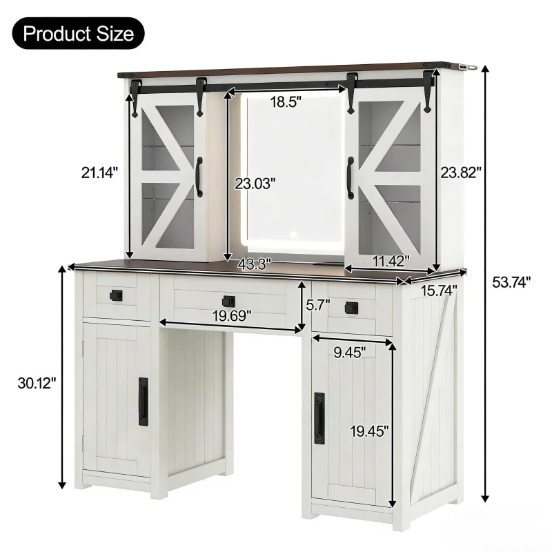 Farmhouse Dressing Vanity Desk with 3-Colour LED Lighted Mirror, Modern Makeup Table Unit with 3 Drawers, 43.5'' L x 15.5'' W x 53.5'' H, Beige