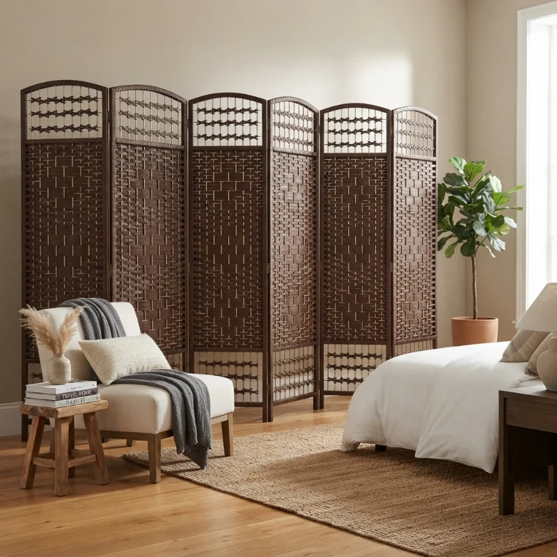 HOMCOM 6 Panel Folding Room Divider Portable Privacy Screen Wave Fiber Room Partition for Home Office Brown