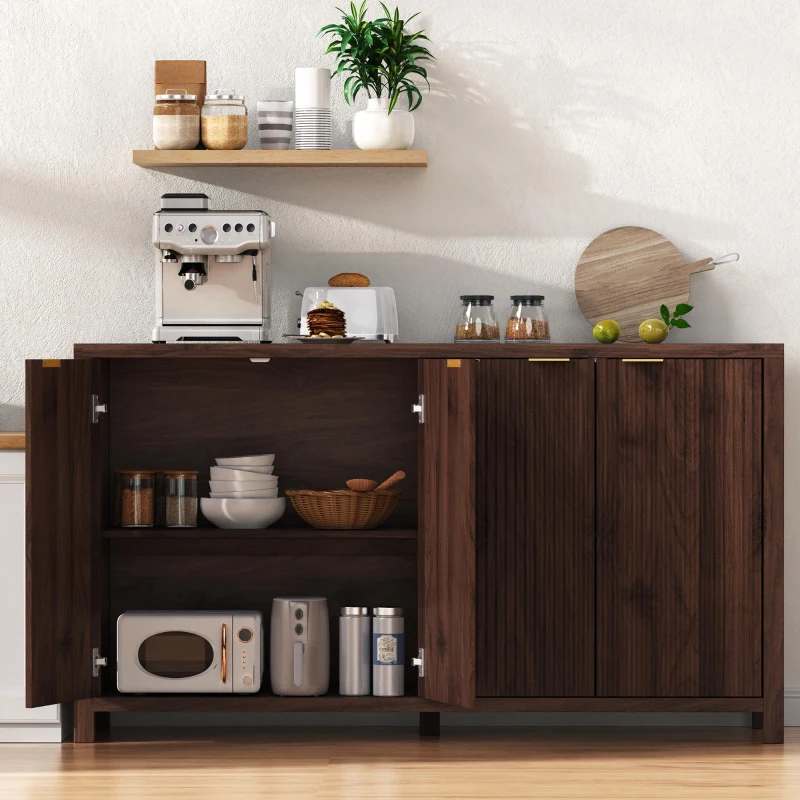 Elegant Fluted Buffet Cabinet with Sculpted Doors, Farmhouse Storage Sideboard for Kitchen Dining Living Room, 55" L × 15.5" W × 33" H, Brown