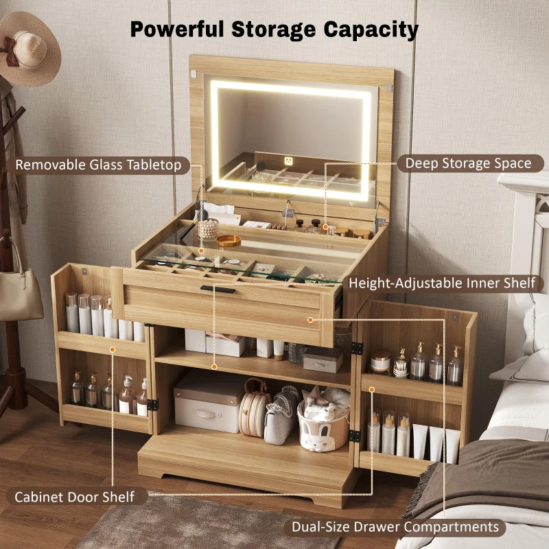 Versatile 3-in-1 Flip Top Makeup Vanity Cabinet with LED Lighted Mirror, Rustic Dressing Table for Bedroom, 26.5'' L x 19.5" W x 29.5" H, Natural