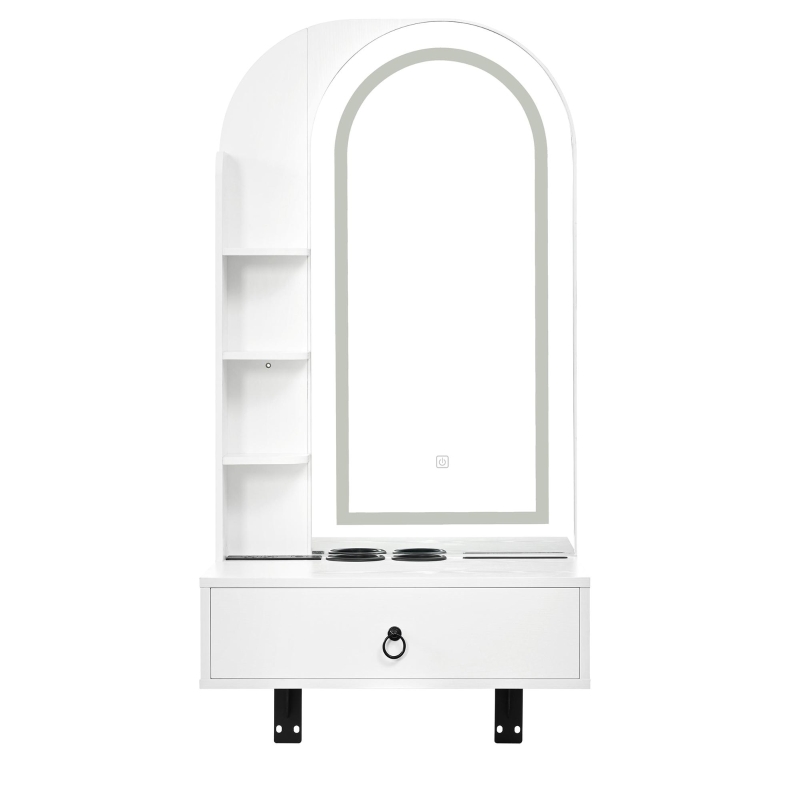Modern Floating Makeup Vanity with Arched Mirror, Outlet and 3-Color Lights, Versatile Wall Vanity for Bedrooms, 23'' L x 15.5" W x 48" H, White