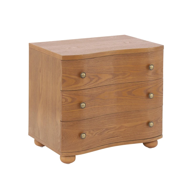 Retro Modern Nightstand Set of 2 with 3 Wave Drawers, Wooden Bedside Storage Tables with Bulbous Feet, 23.5'' L x 15.5'' W x 22.5'' H, Brown