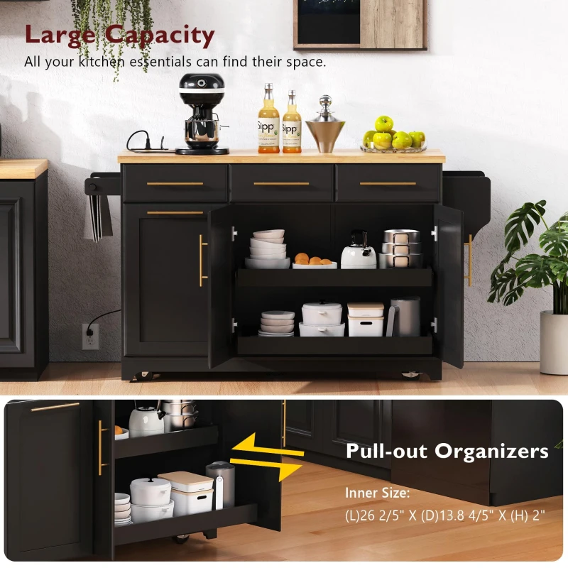 Vintage Kitchen Island with Trash Storage and Organizers, Versatile Rolling Cart with Power Outlet and Spice Rack, 59'' L x 29.5" W x 35.5" H, Black