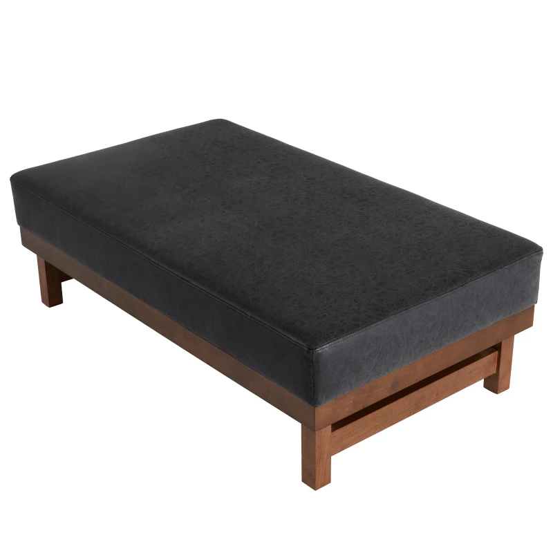 Sleek Large Ottoman with Faux Leather and Walnut Legs, Versatile Coffee Table for Living Room and Bedroom, 48" L × 27.5" W × 15.5" H, Black