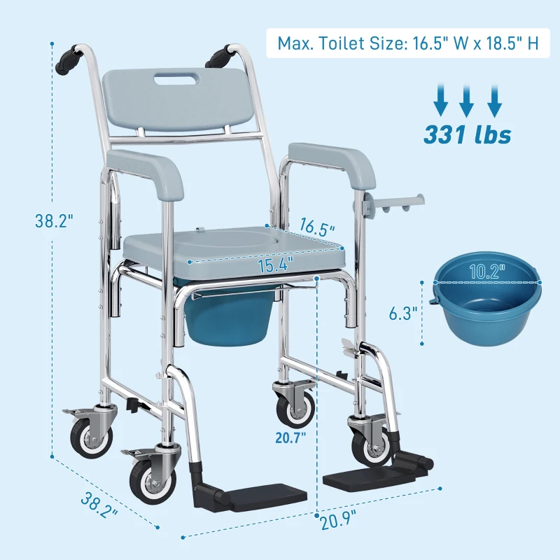 HOMCOM Rolling Shower Wheelchair for Seniors, Bedside Commode Chair with Locking Wheels, Seat, Backrest, Arms, Gray