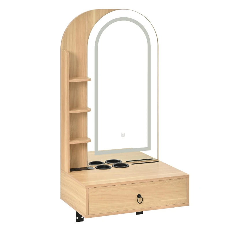 Modern Floating Makeup Vanity with Arched Mirror, Outlet and 3-Color Lights, Versatile Wall Vanity for Bedrooms, 23'' L x 15.5" W x 48" H, Natural