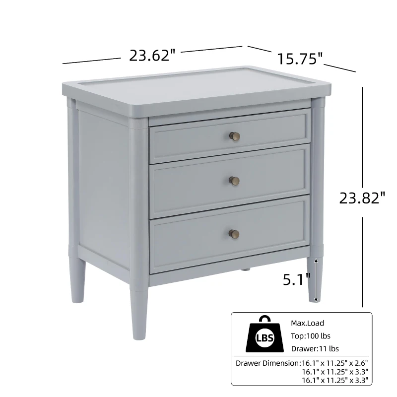 Modern Farmhouse Nightstand Set of 2 with 3 Storage Drawers, Wooden Bedside End Tables with Tapered Legs, 23.5'' L x 15.5'' W x 24.5'' H, Gray