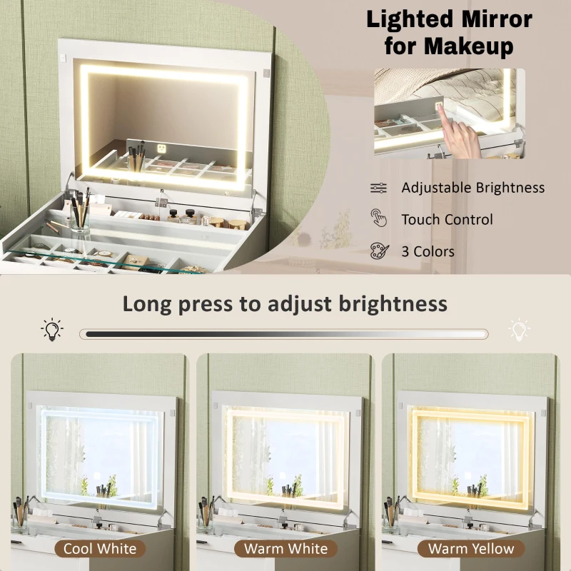 Versatile 3-in-1 Flip Top Makeup Vanity Cabinet with LED Lighted Mirror, Rustic Dressing Table for Bedroom, 26.5'' L x 19.5" W x 29.5" H, White