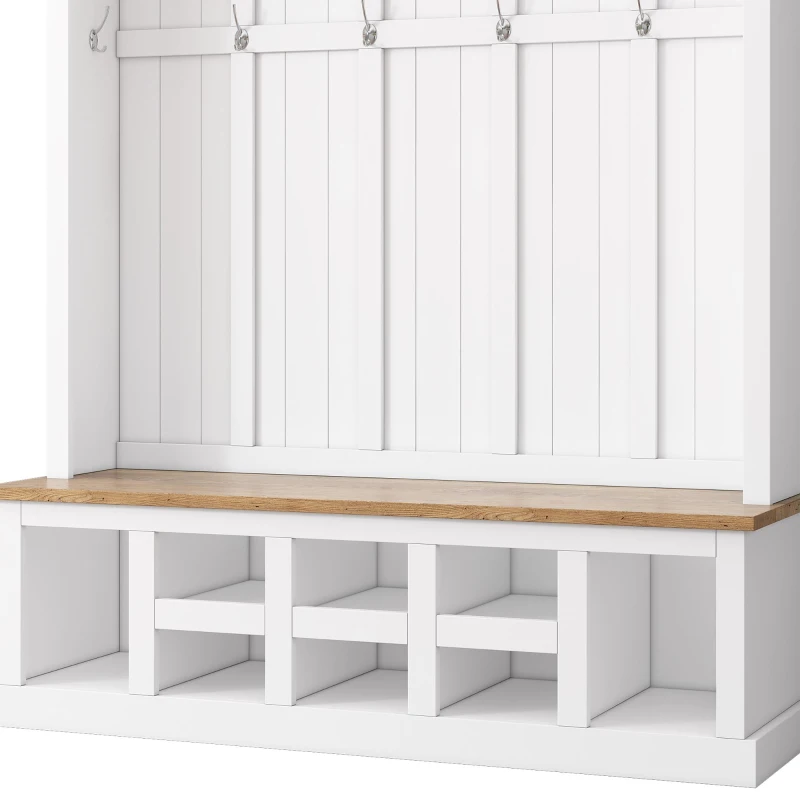 Farmhouse Hall Tree Coat Rack with 13 Compartments, Shoe Storage Bench Unit with Wide Storage Seating Bench, 59'' L x 18'' W x 79'' H, White