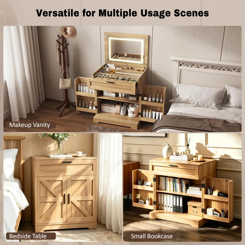Versatile 3-in-1 Flip Top Makeup Vanity Cabinet with LED Lighted Mirror, Rustic Dressing Table for Bedroom, 26.5'' L x 19.5" W x 29.5" H, Natural