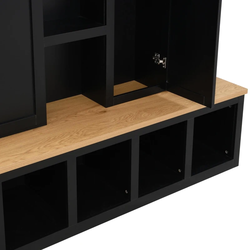 Rustic 4-in-1 Hall Tree Coat Rack with 4 Cabinets and 6 Sturdy Hooks, Shoe Storage Bench Unit for Mudroom, 63'' L x 15.5'' W x 76.5'' H, Black