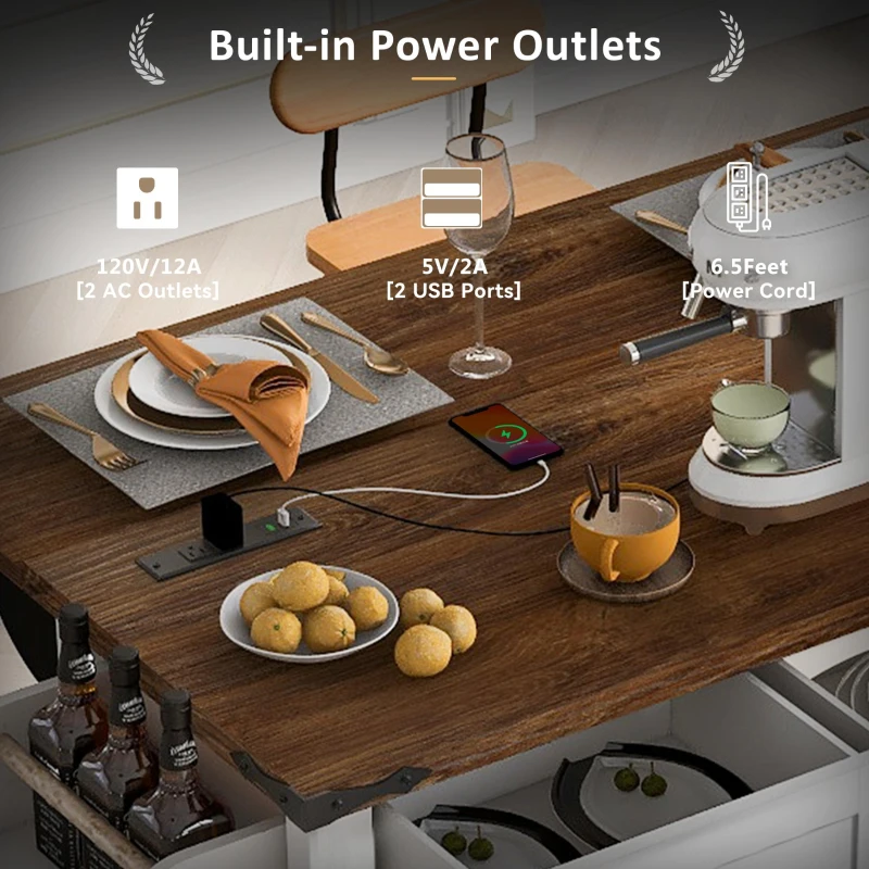 Farmhouse Kitchen Island with Power Outlet, Drop Leaf and Sliding Barn Doors, Versatile Rolling Cart for Kitchen, 53.5'' L x 18.5" W x 37" H, White