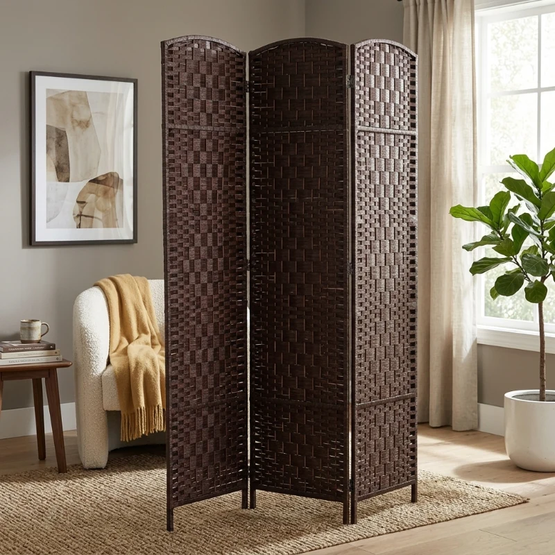 HOMCOM Room Divider 3 Panel, 6FT Tall Folding Privacy Screen, Freestanding Hand-Woven Partition for Room Separation with 360° Hinges, Paper Rope Diamond Weave, Brown