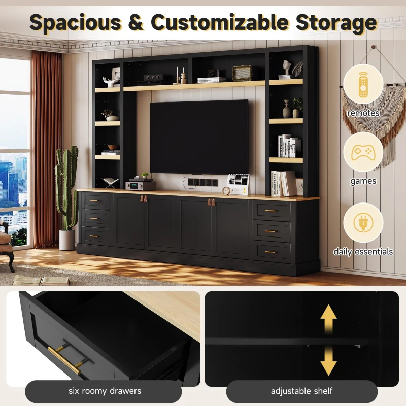 Rustic Farmhouse Entertainment Centre with 6 Storage Drawers, Modern TV Wall Unit with Adjustable Shelves, 98.5'' L x 15.5'' W x 79.5'' H, Black