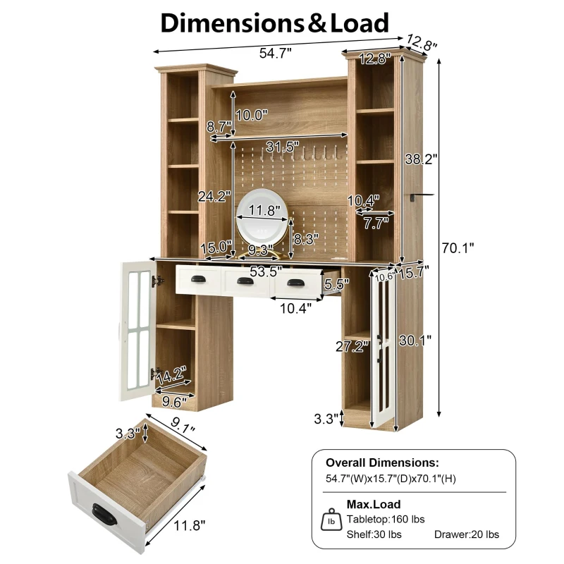 Farmhouse Makeup Vanity with LED Mirror and Power Outlet, Chic Dressing Desk with Jewelry Organizer, 54.5'' L x 15.5" W x 70" H, Natural+White